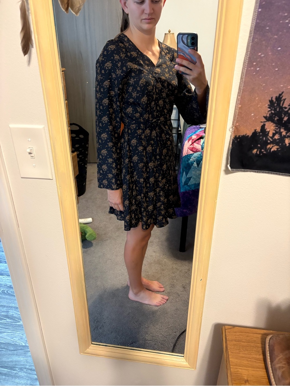 Blue Floral Long-Sleeve V-Neck Dress